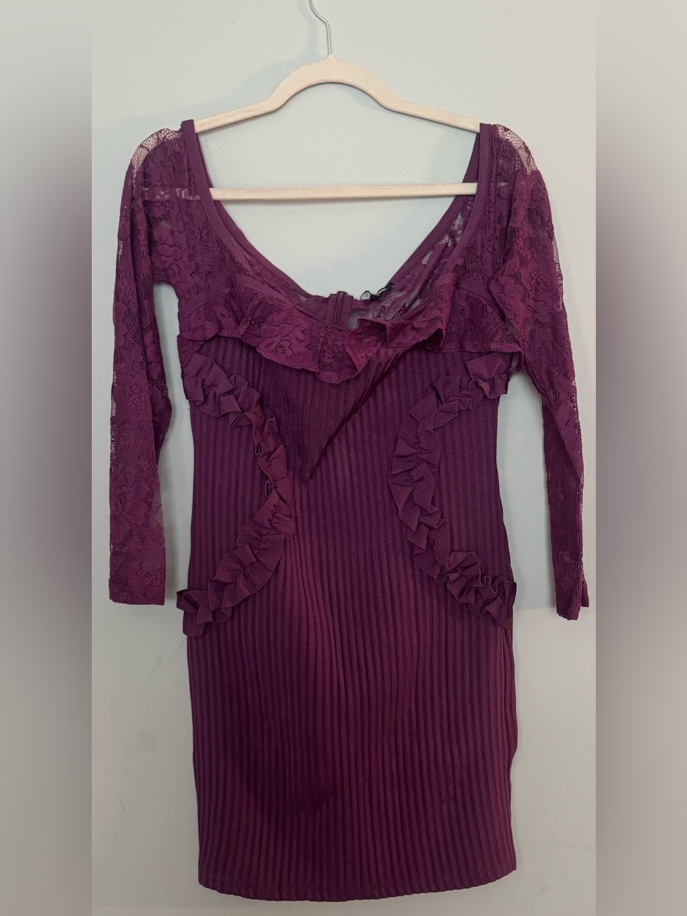 Fashion Nova Plum Lace Ruffle Bodycon Dress